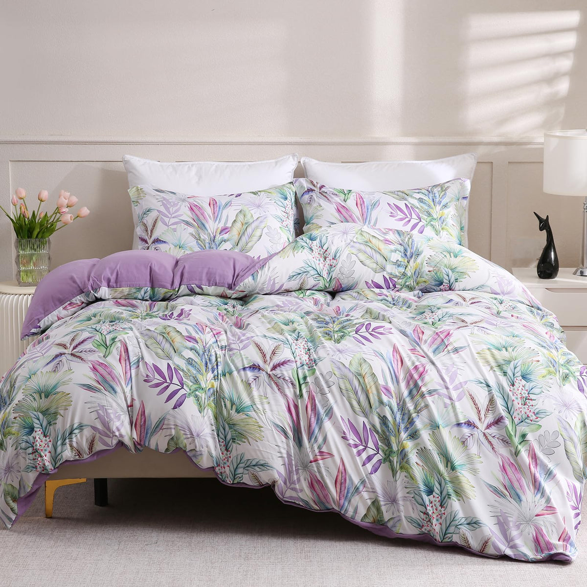 LONAVA Queen Floral 3 Pcs Duvet Cover Set, Breathable Soft Microfiber Glass Green Lining Comforter Cover with Zipper Closure, and 2 Anti-Pilling, Fade Resistant Pillowcases, Fall Floral