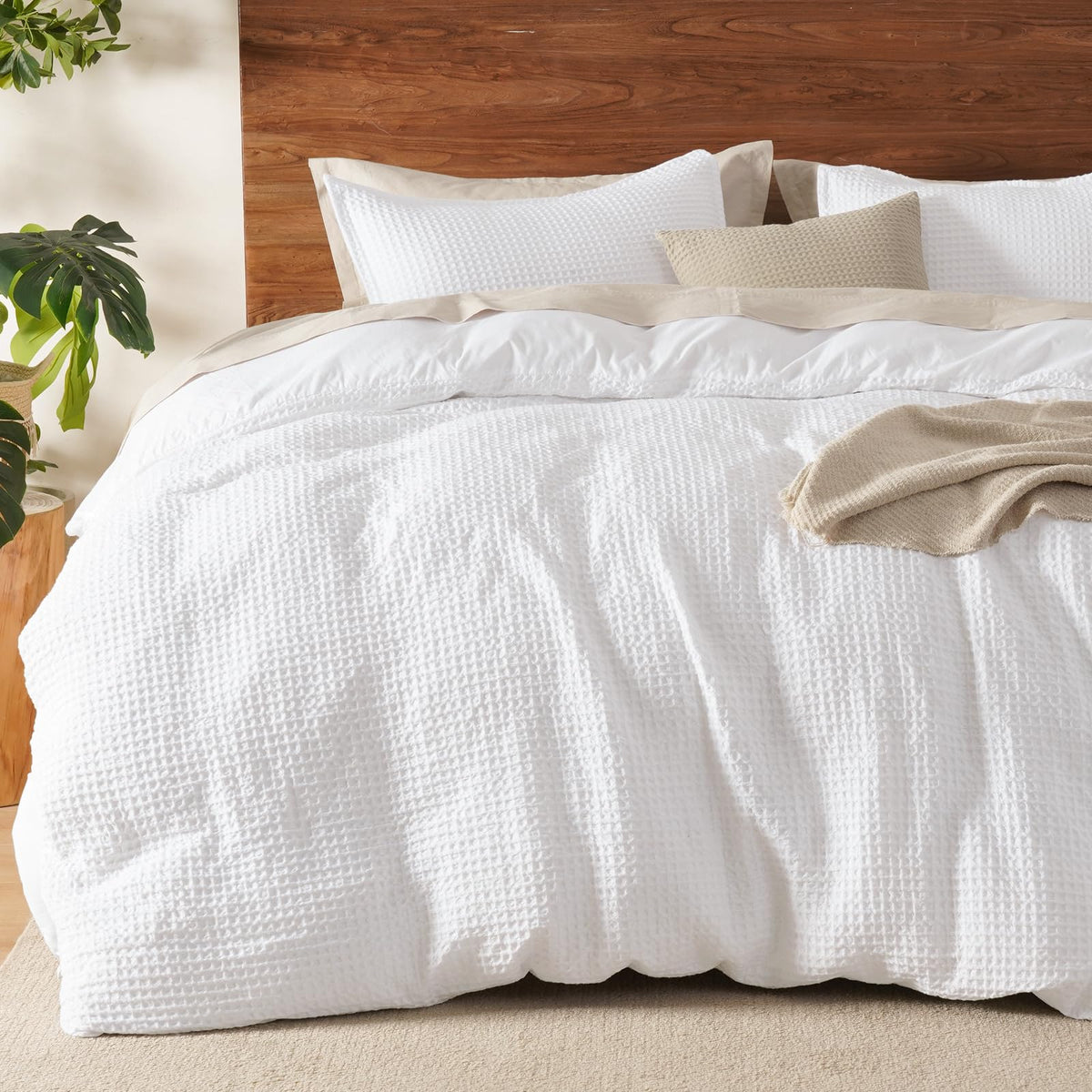 David's Home Textured Waffle Weave Duvet Cover Set, Twin, Cannoli Cream
