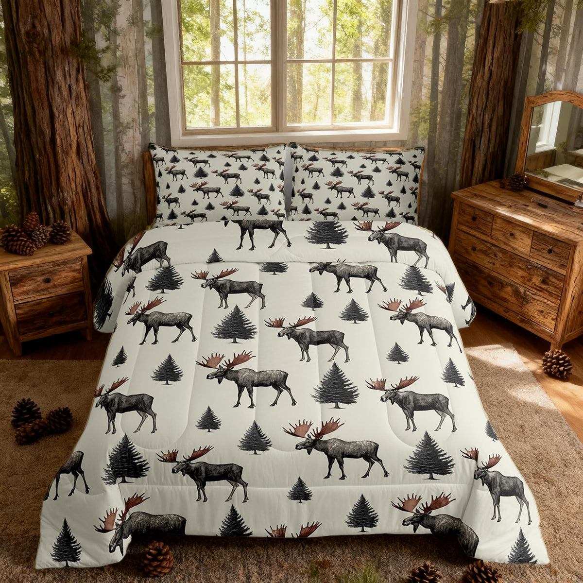 Homewish Jungle Cabin Comforter Set,Moose Animal Pine Trees Bedding Sets for Kids Teens Adults,Retro Wooden Stripes Rustic Farmhouse Quilted Comforter with 2 Pillowcases Queen Size 3 Pcs