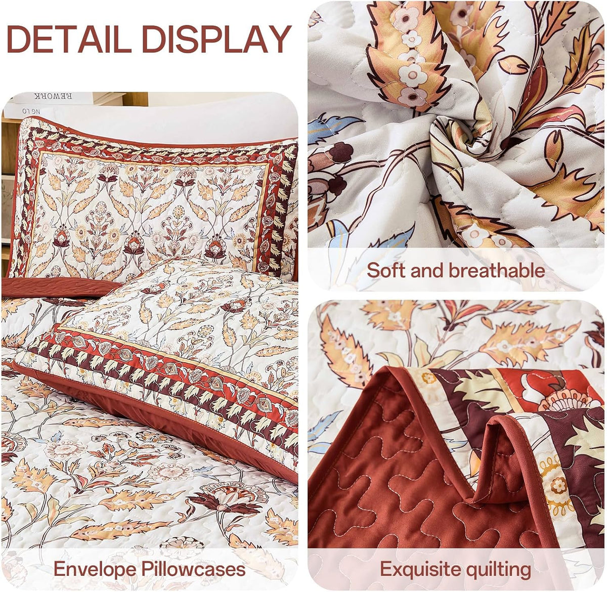 DJY King Size Quilt Sets, Burgundy Floral Quilt Set King 3 Pieces Red Boho Bedspread Coverlet Set with 2 Pillowcases Soft Lightweight Microfiber Bedding for All Season (104"x90")