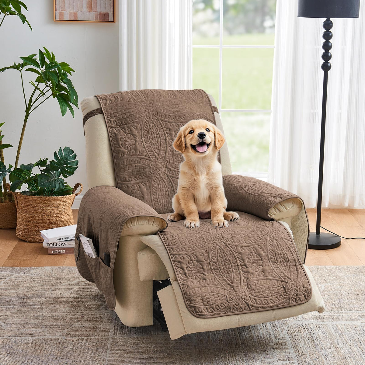 Soft Quilted Couch Cover with Pockets for Extra-Large Sofa, Anti-Slip Sofa Covers Washable for 3 Cushion Pet Friendly Medallion Oversized Sofa Cover Water-Repellent (X-Large Sofa 78", Ivory White)
