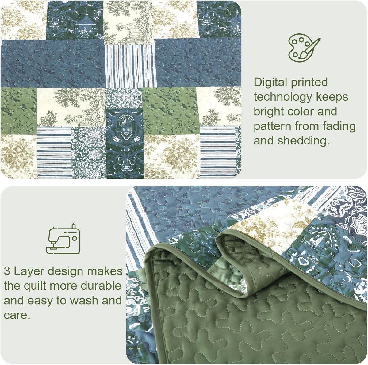 Drucon Green Patchwork Queen Quilt Set, Spring Summer Bedspreads Bedding Set, 3 Pieces Lightweight Soft Plaid Coverlet with 2 Pillow Shams for All Season 96x90 Inch
