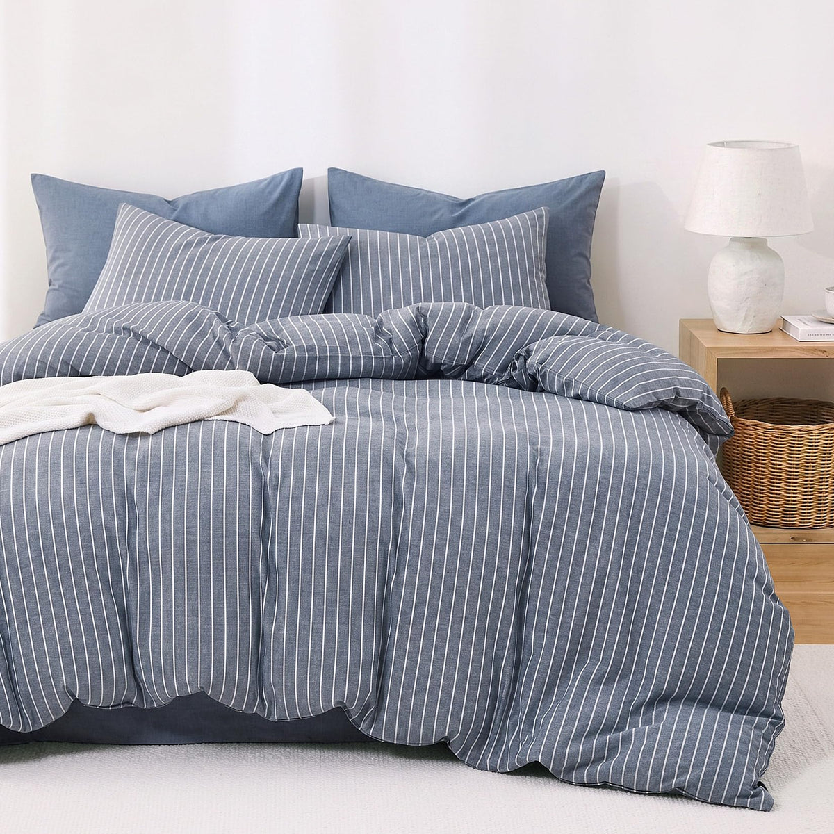 Wake In Cloud Striped Cotton Duvet Cover Set, White, Queen