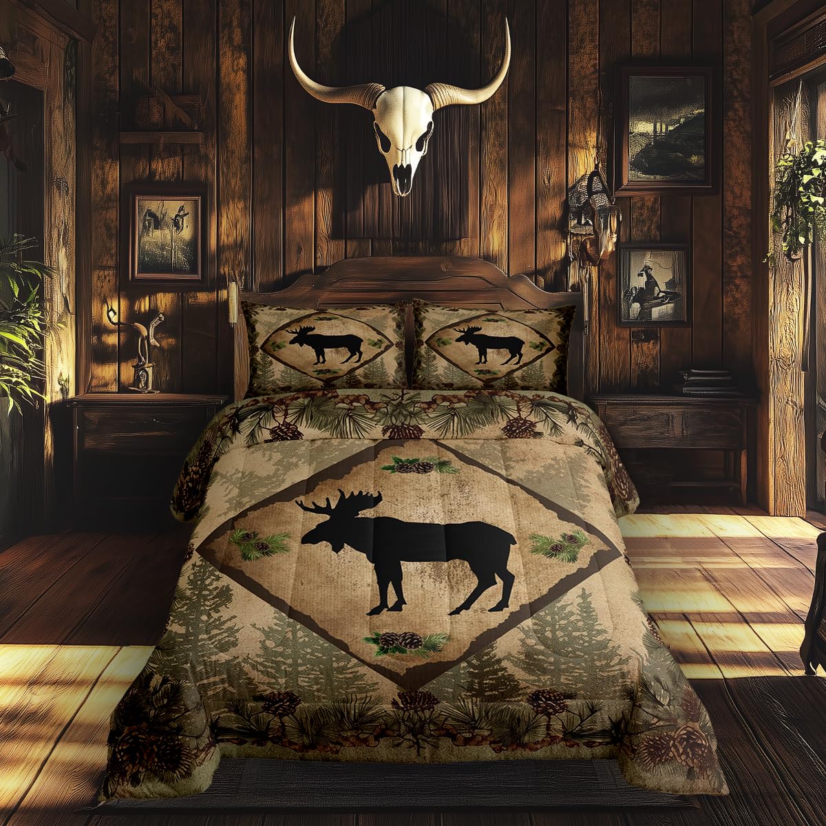 Homewish Jungle Cabin Comforter Set,Moose Animal Pine Trees Bedding Sets for Kids Teens Adults,Retro Wooden Stripes Rustic Farmhouse Quilted Comforter with 2 Pillowcases Queen Size 3 Pcs