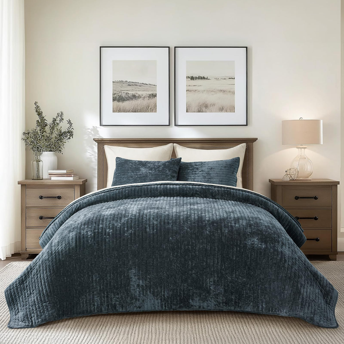 EverGrace Stripe Channel Luxury Velvet Quilt Set King Size, Mocha Brown