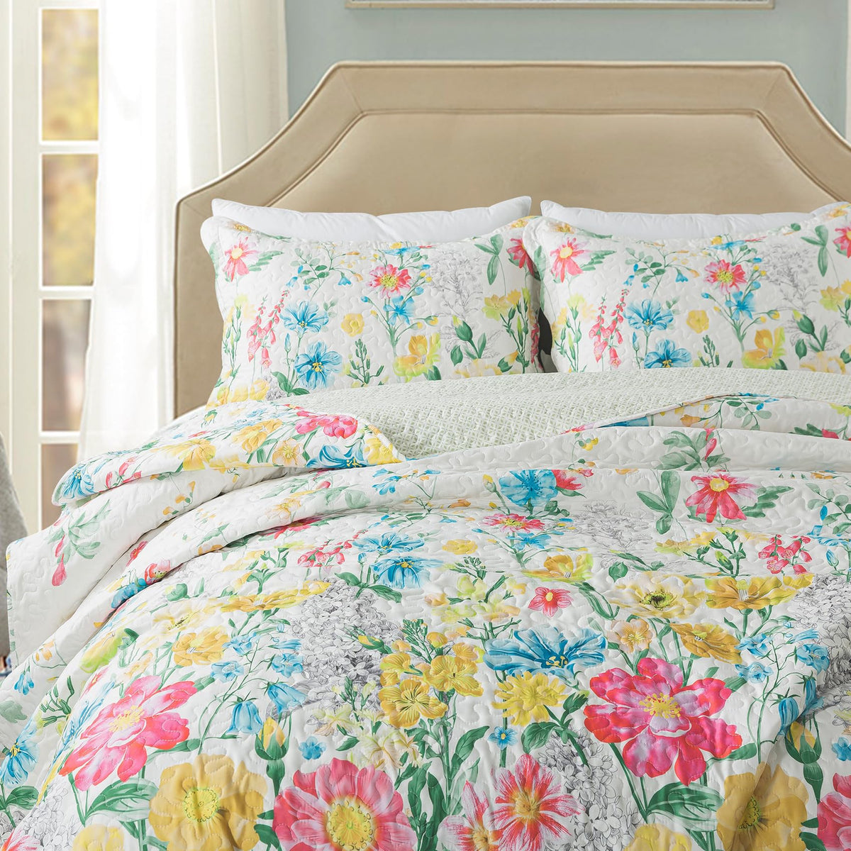 Travan 3-Piece Quilt Set Quilted Bedspread Lightweight Coverlet Set Garden Style Floral Printed Oversized Quilted Bedding Set with Shams for All Season, Exquisite, King Size