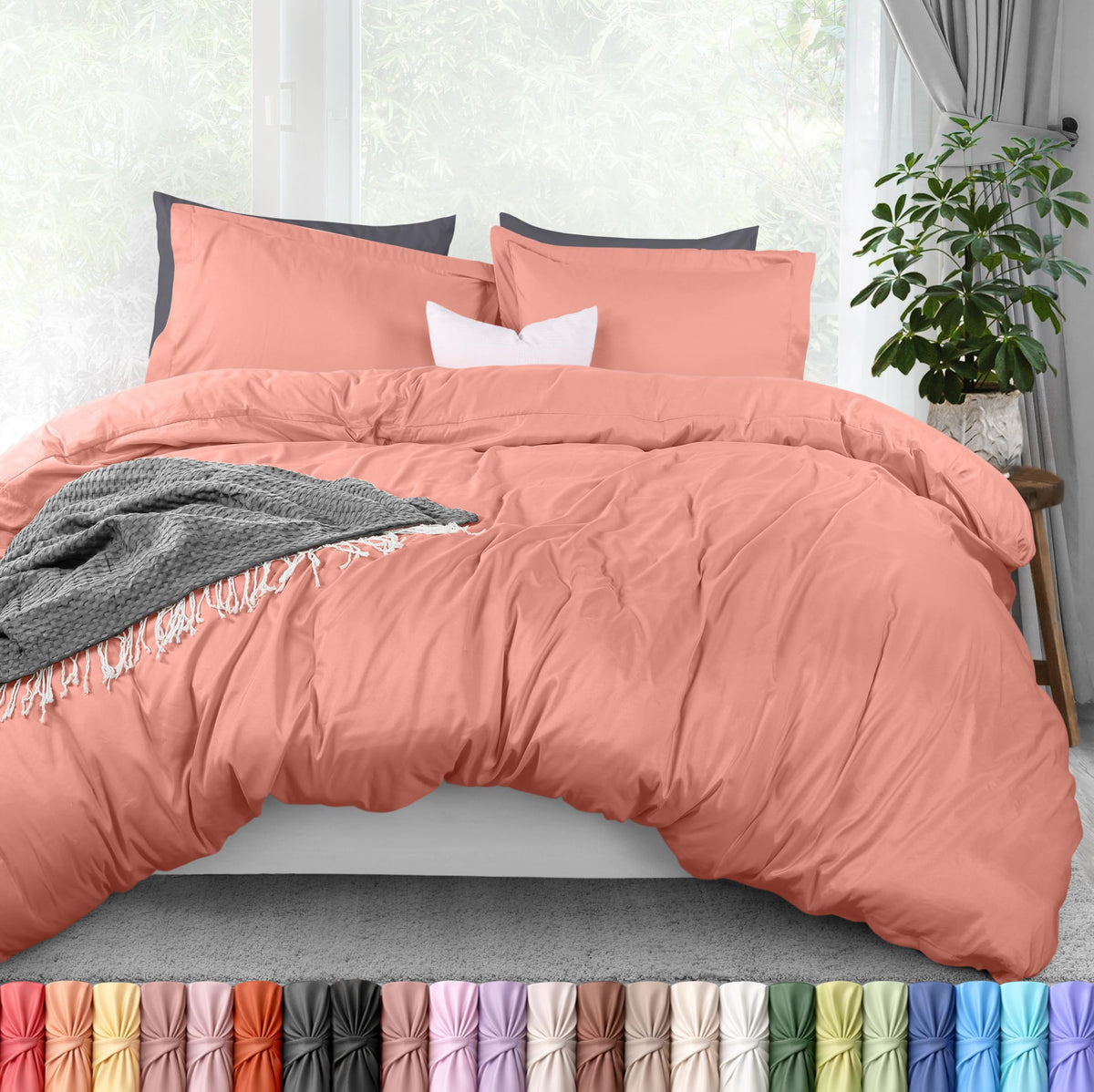 Duvet Cover Queen, 3 Piece Cotton Like Polyester with Zipper Closure, Grey