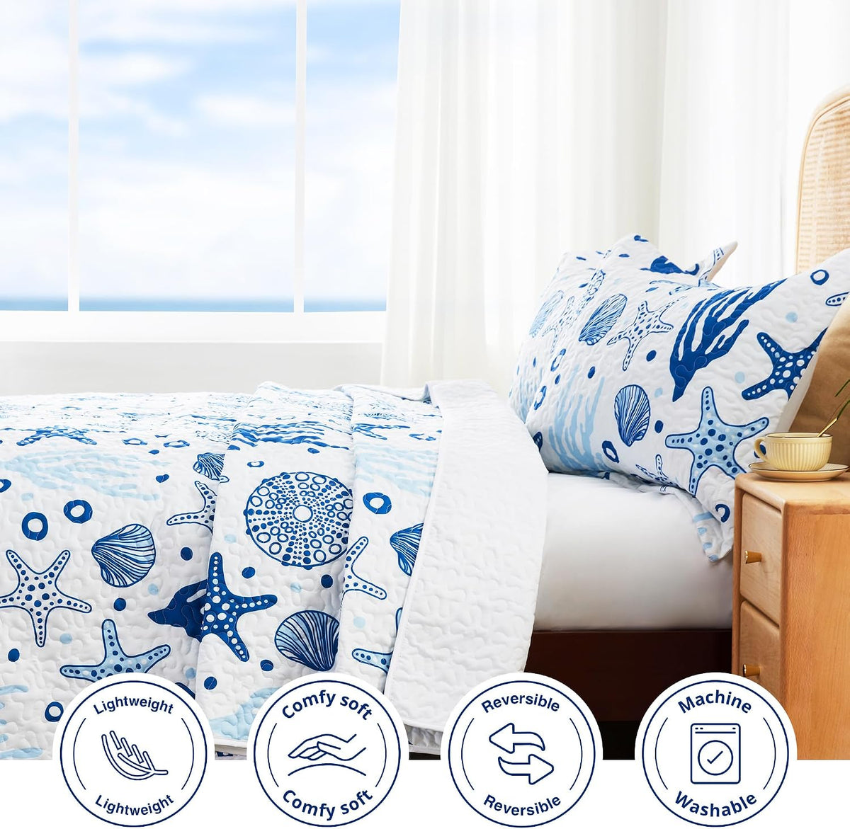 Love's cabin Quilts for Queen Coastal White Bedspreads Bedding Set - Summer Beach Nautical Quilt Lightweight Bedspread - Reversible Bedding Coverlet for All Season - 3 Piece