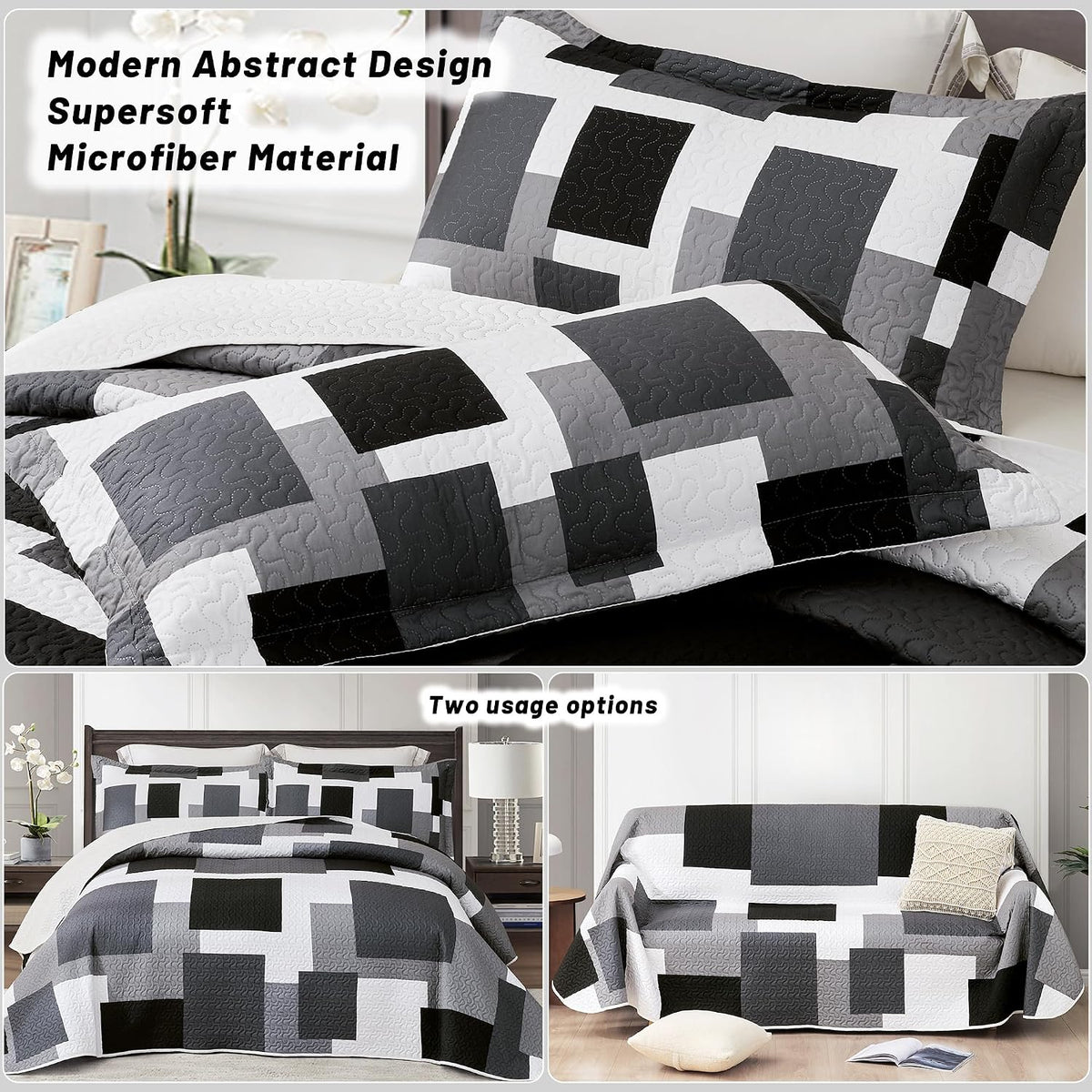 Tyrot 3 Piece Black Grey Quilt Full/Queen Size Black White Gray Bedding Set