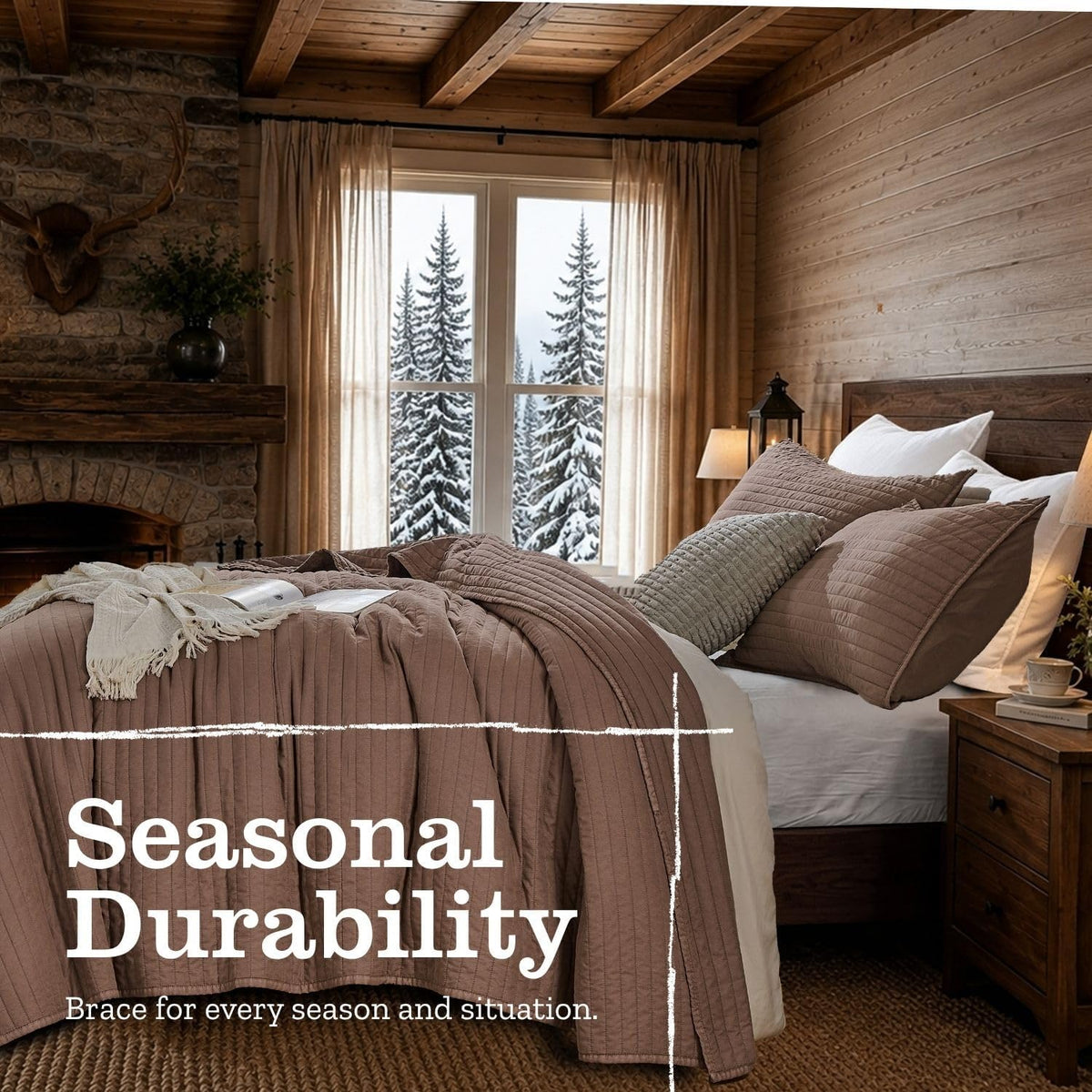DOWN HOME King Quilt Bedding Set with Shams, Vintage Washed Quilted Blanket Thin Comforter Lightweight Bedspread Coverlet Bed Cover, Brushed Microfiber Stripe Stitching, Sandstone Brown, 104"x90"