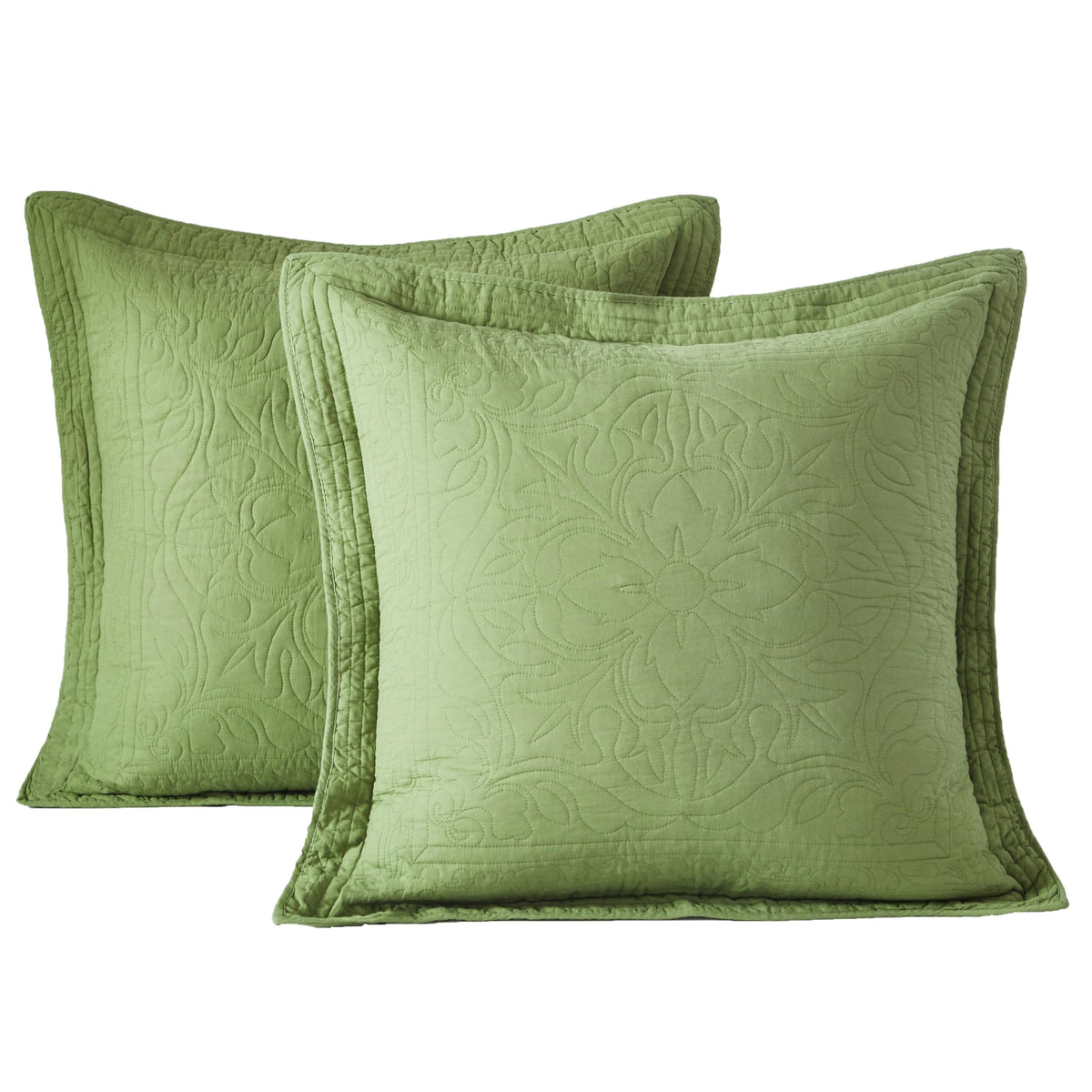 WINLIFE 100% Cotton Quilted Pillow Sham Floral Printed Pillow Cover Sage Green, Standard Size, 20 x 26 Inch