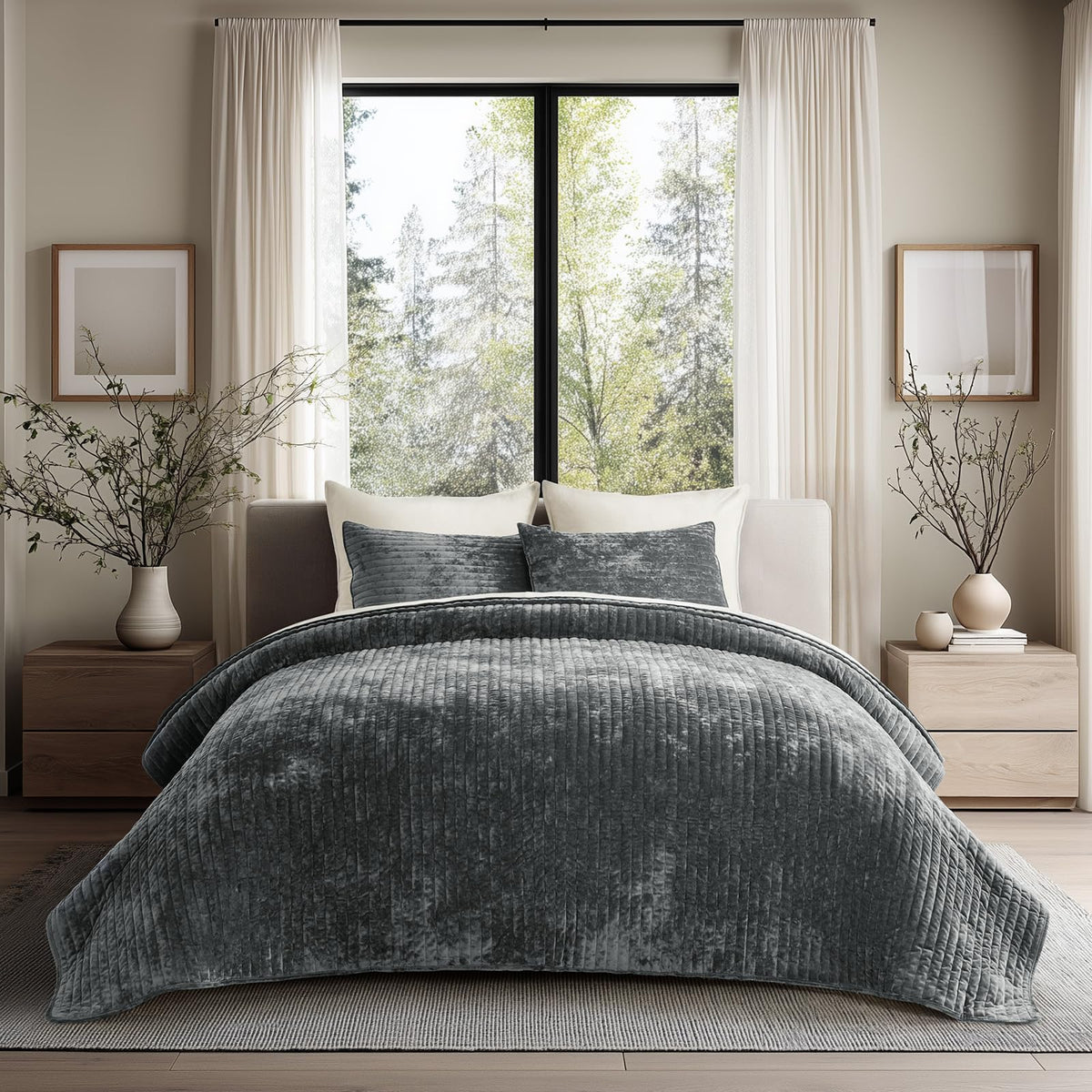 EverGrace Stripe Channel Luxury Velvet Quilt Set King Size, Mocha Brown