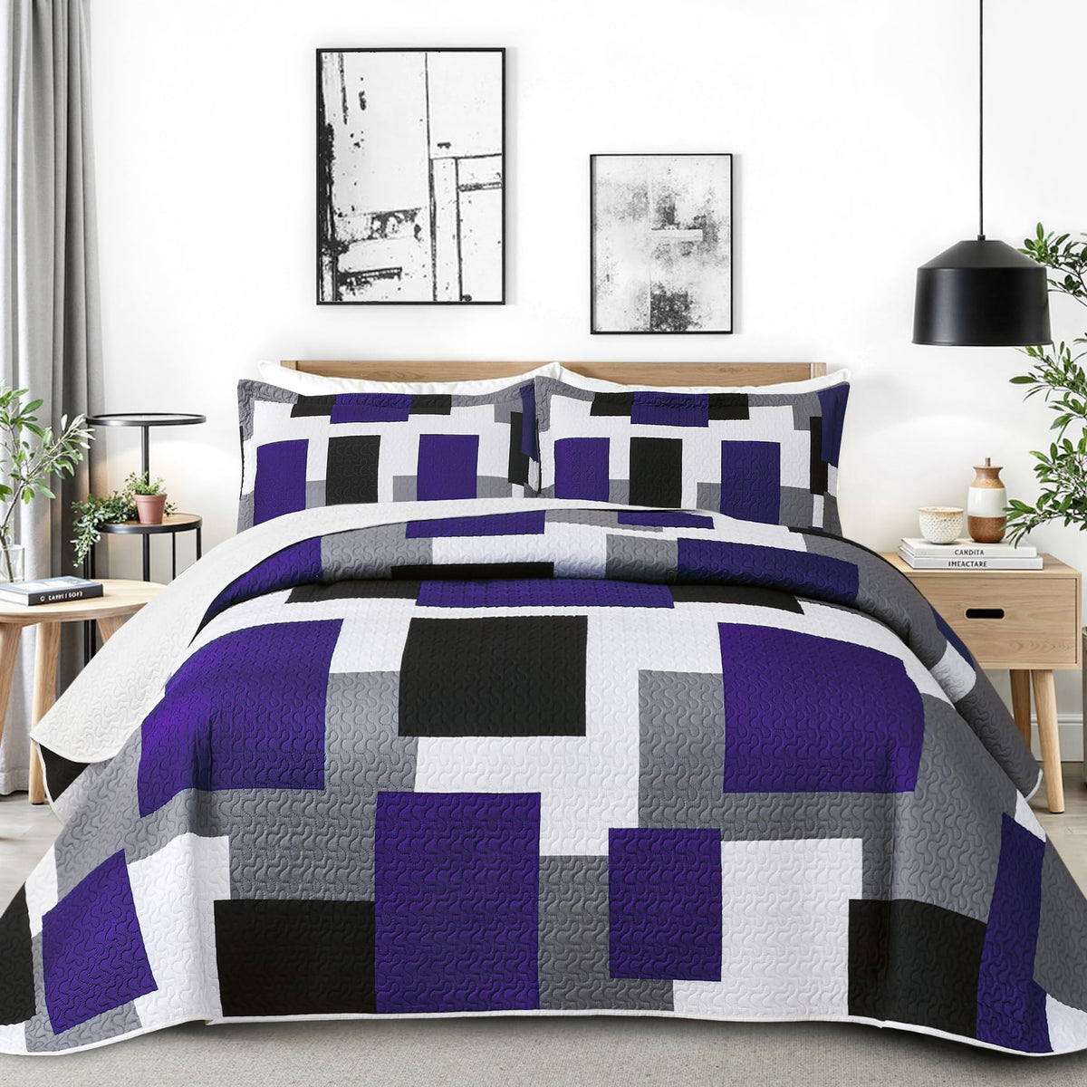 Tyrot 3 Piece Black Grey Quilt Full/Queen Size Black White Gray Bedding Set