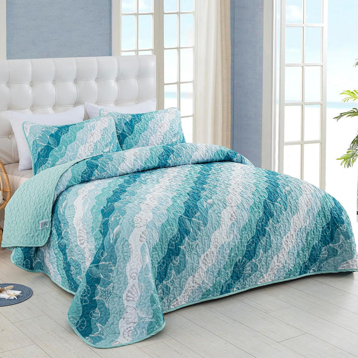 Dinjoy Coastal Quilts Queen Size, Blue Green Ocean Beach Themed Bedding Set