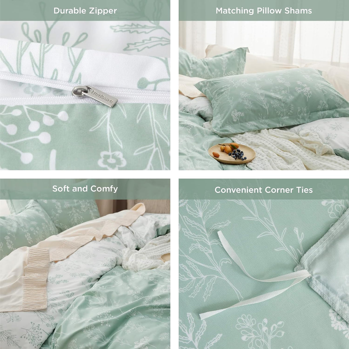 Bedsure Duvet Cover Queen Size - Reversible Green Queen Duvet Cover Set with Zipper Closure, 3 Pieces Floral Patterned Bedding Set with 8 Corner Ties and 2 Pillow Shams
