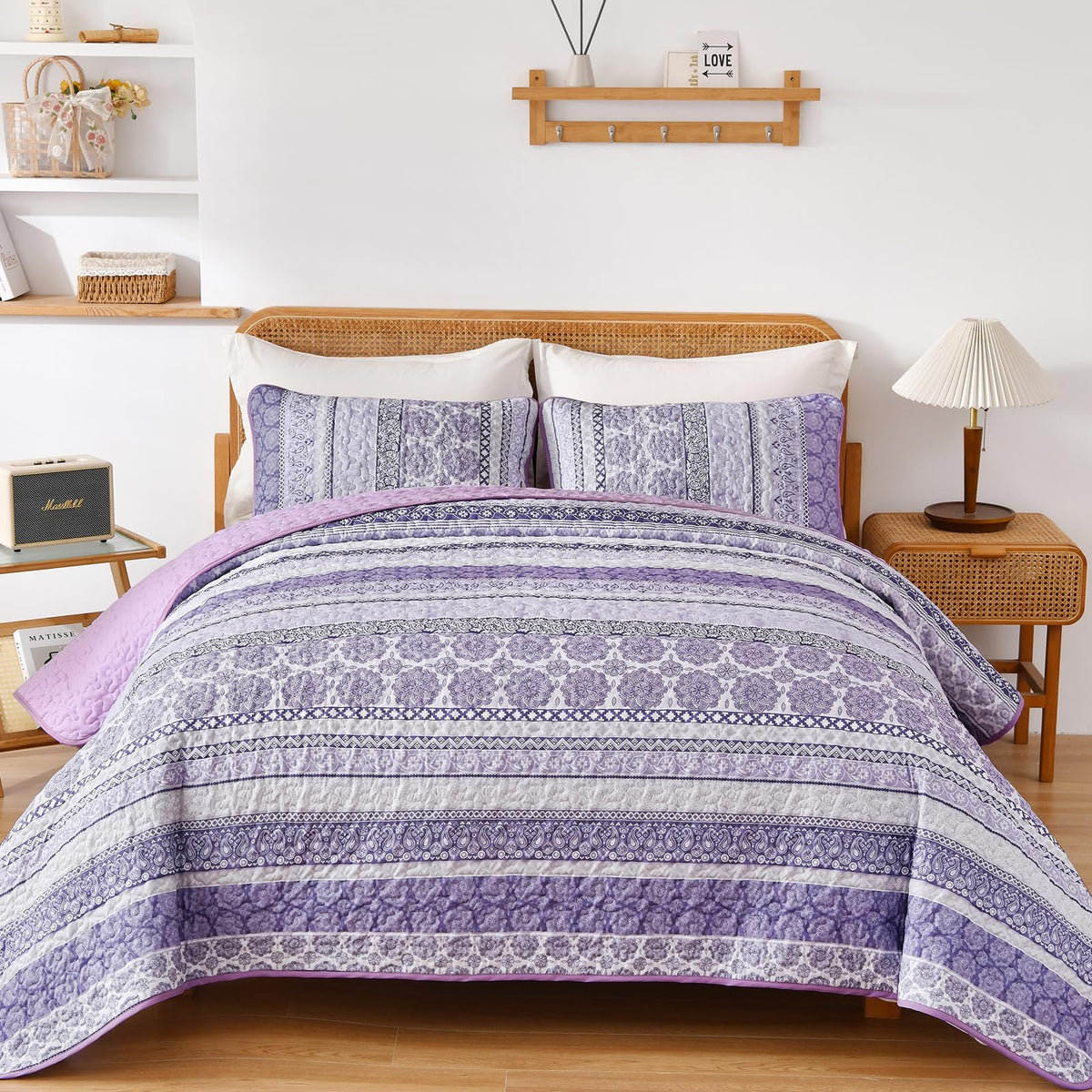 WONGS BEDDING Boho King Quilt Set，3 Pcs Light Blue Summer Bedspread