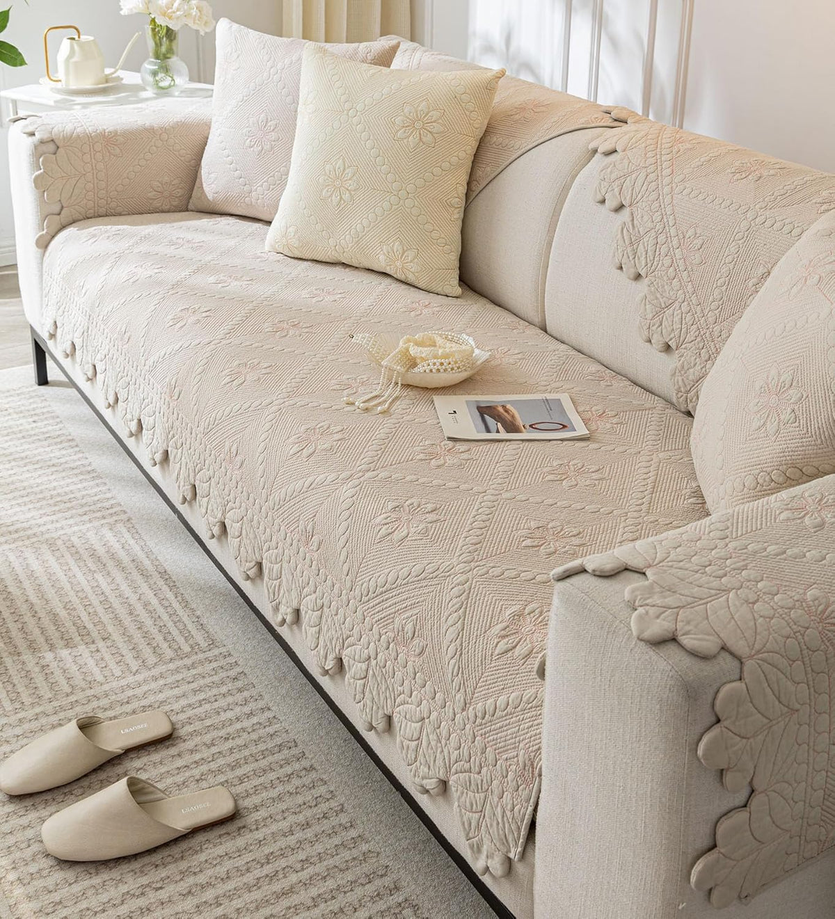 Quilted Couch Covers for Sofa Farmhouse Sofa Covers(Khaki,28"x70")