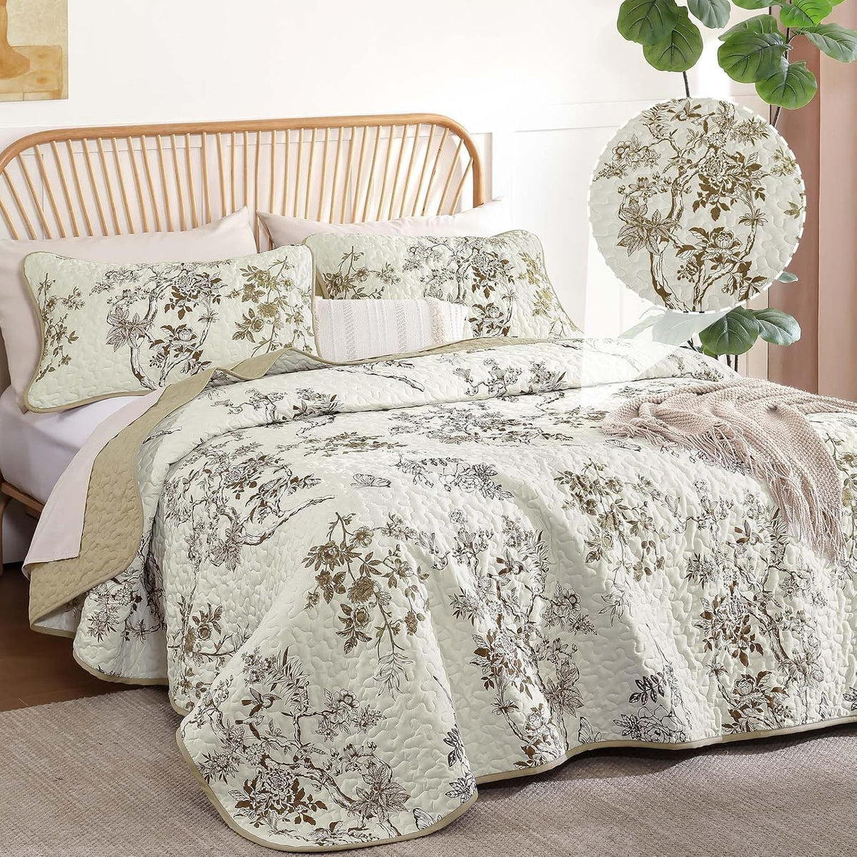 WONGS BEDDING Floral Quilt Set King, 3 Pcs Brown Bedspread Coverlets Set