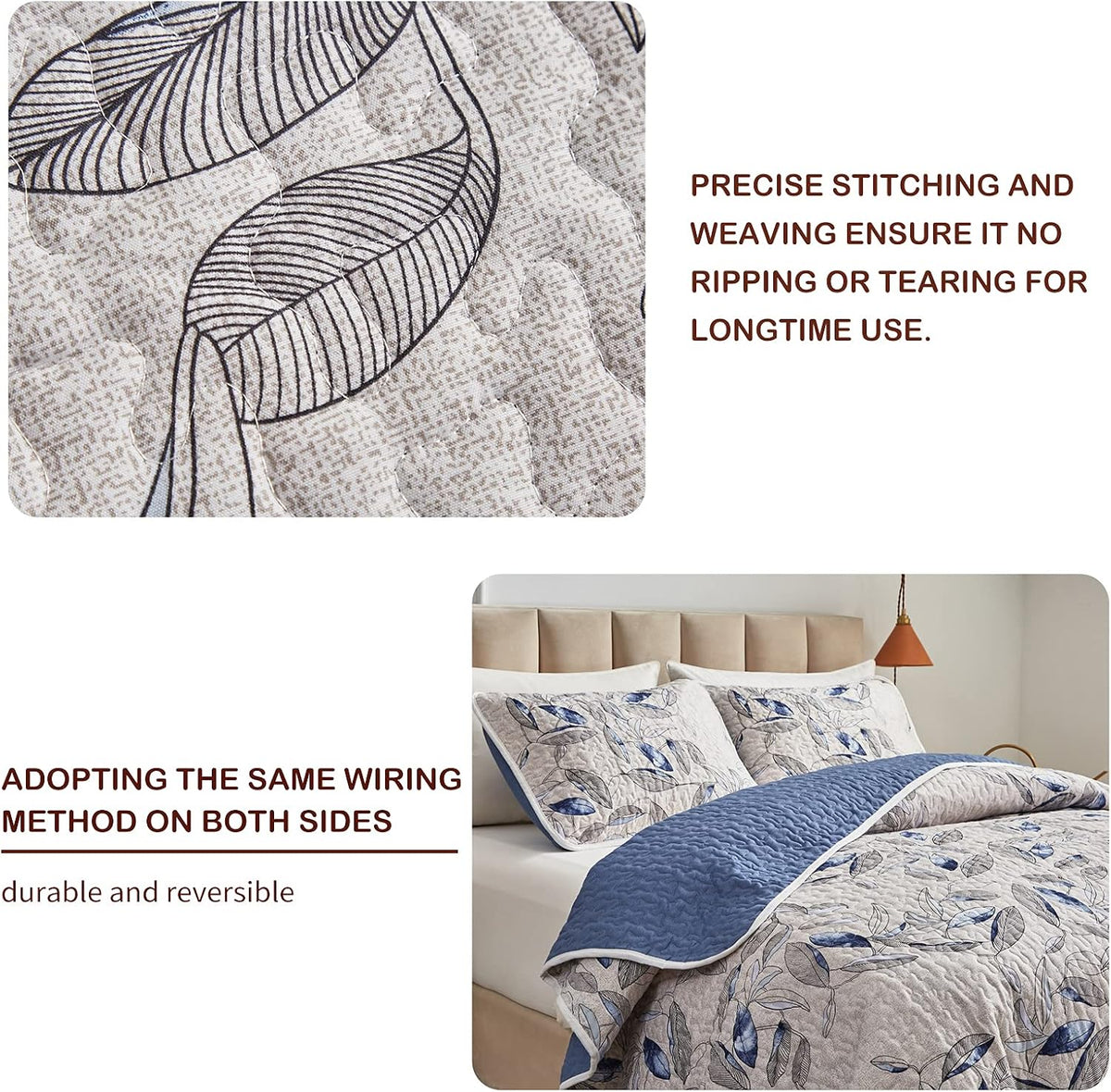 Joyreap 2 Pieces Microfiber Quilt Set, Botanical Blue Leaves on Light Gray Reversible Design, Bedspread Bed Cover for All Season, 1 Quilt and 1 Pillow Sham (Twin, 68x86 inches)