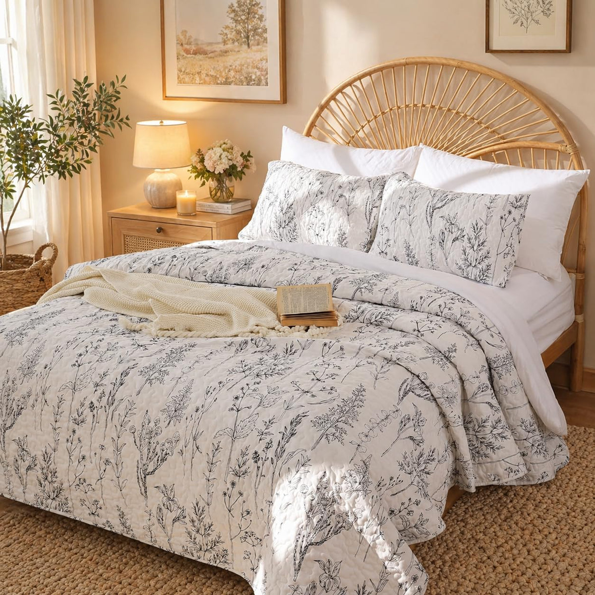 JANZAA Quilts Queen Size, Sage Green Bedspread 3 Pcs Floral Bedding Set