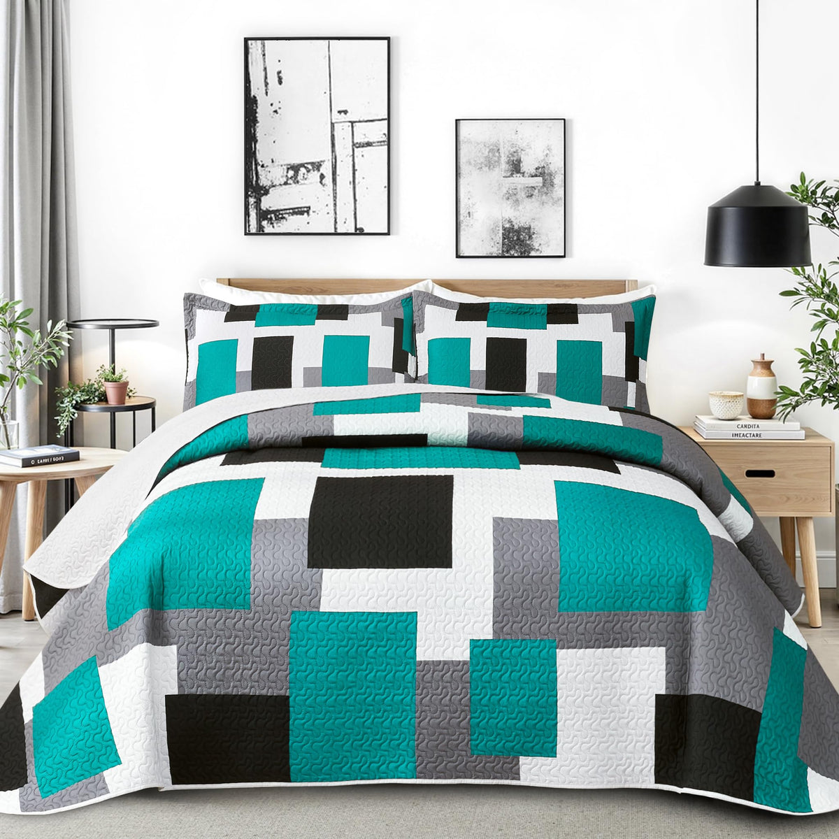 Tyrot 3 Piece Black Grey Quilt Full/Queen Size Black White Gray Bedding Set