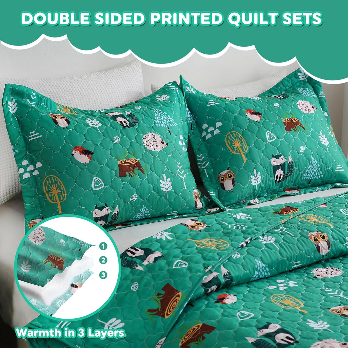 Green Forest Animals Themed Quilt Set Full Size for Boys, 3 Pieces