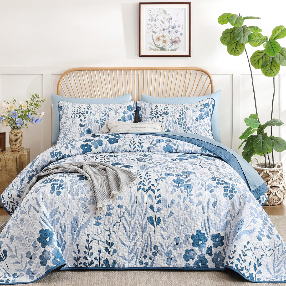 Xruibed Floral Quilt Sets King Size, 3 Pcs Soft Black Bedspread Bedding Set