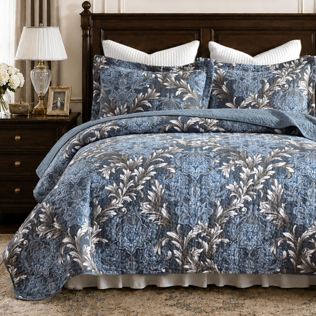 100% Cotton King Quilt Set Taupe Floral Bedding and 2 Pillow Shams