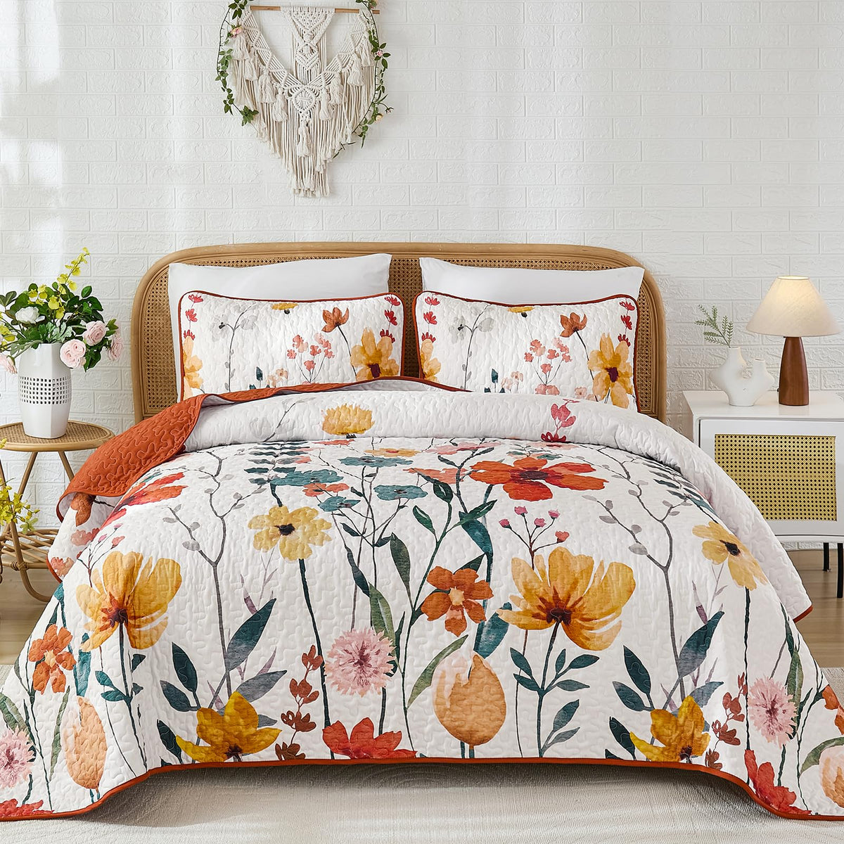 Anibedding Floral Quilt Set King, 3 Pieces Yellow Lightweight Bedspread