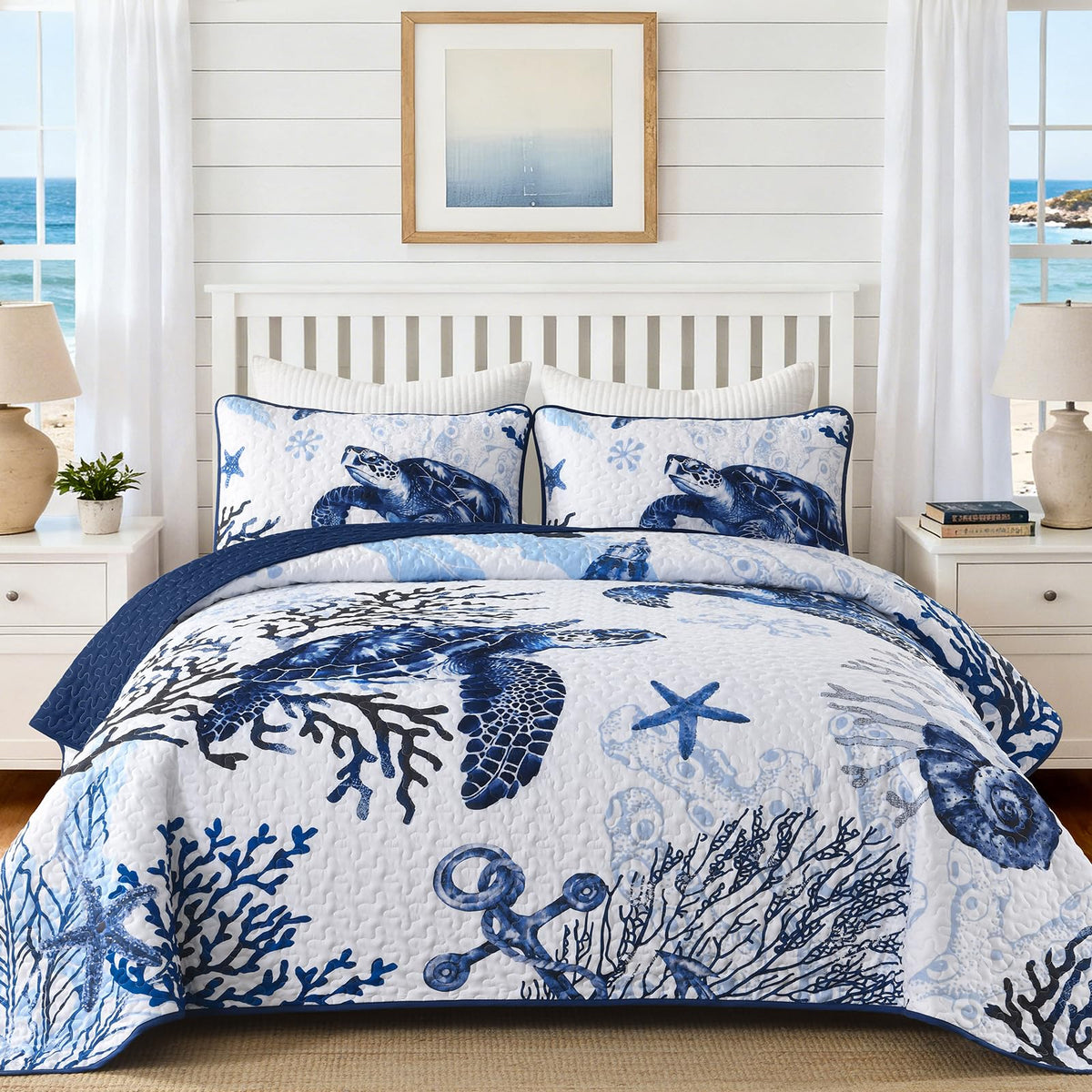 DJY Ocean Coastal Quilt Queen Size, 3 Pcs Sea Turtle Theme Bedspread Set