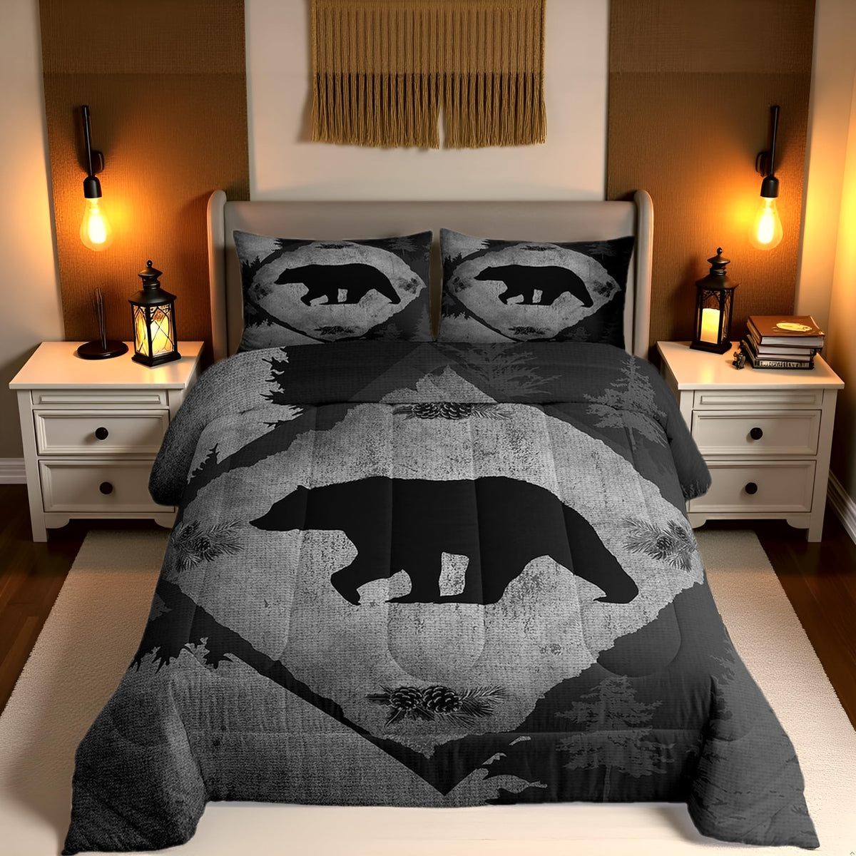 Homewish Jungle Cabin Comforter Set,Moose Animal Pine Trees Bedding Sets for Kids Teens Adults,Retro Wooden Stripes Rustic Farmhouse Quilted Comforter with 2 Pillowcases Queen Size 3 Pcs