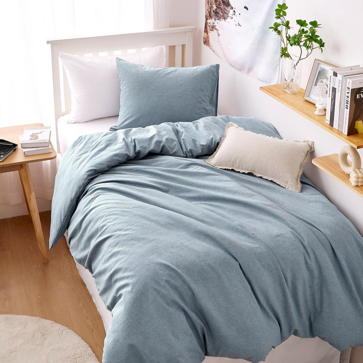 Wake In Cloud - Cotton Duvet Cover Set, 100% Washed Cotton, Linen Like Textured, Breathable Durable Comfy Farmhouse Neutral Bedding Set, 3 Pieces, Light Denim Blue, Twin/Twin XL Size