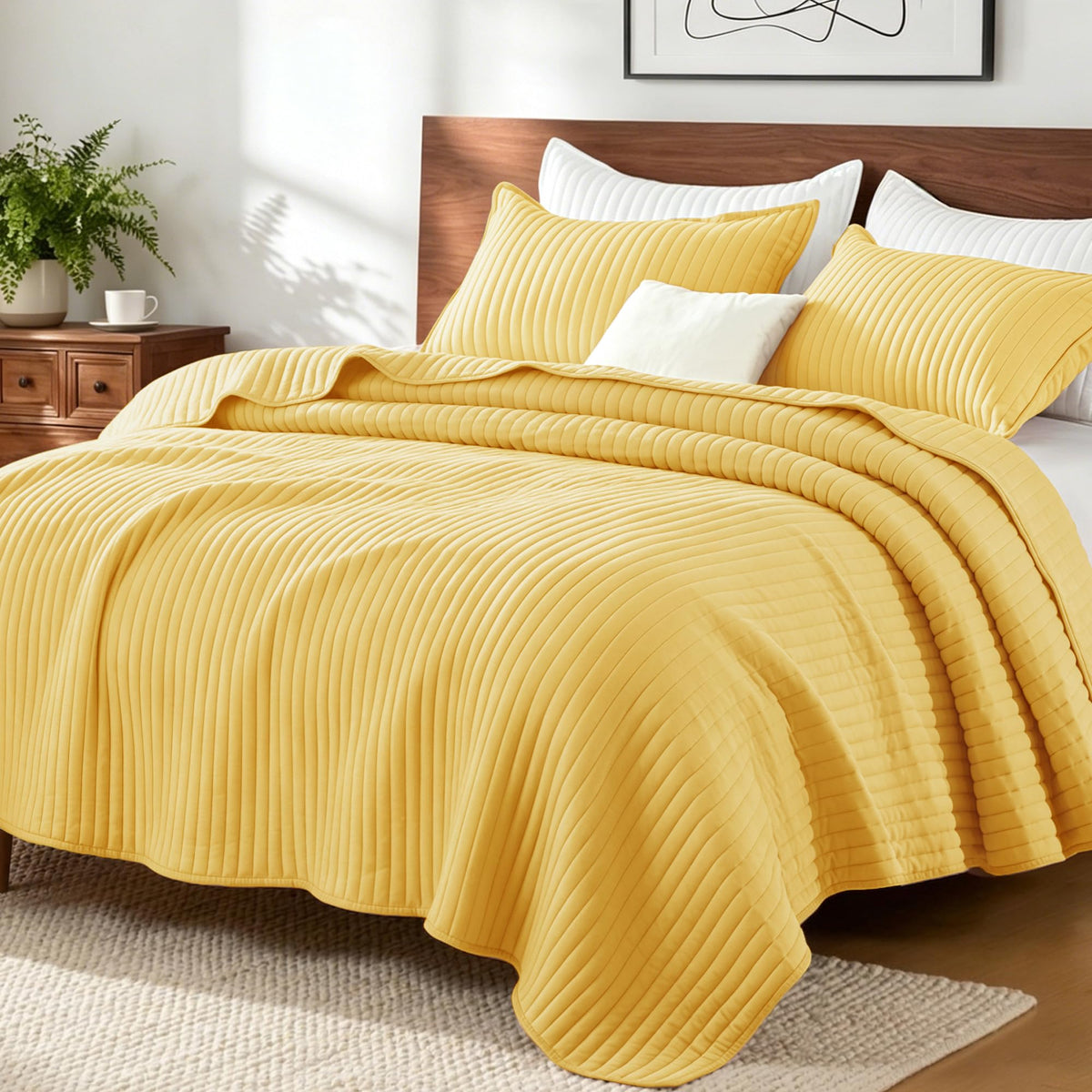 Exclusivo Mezcla Stripe Quilted King Quilt Bedding Set, Beige Cream