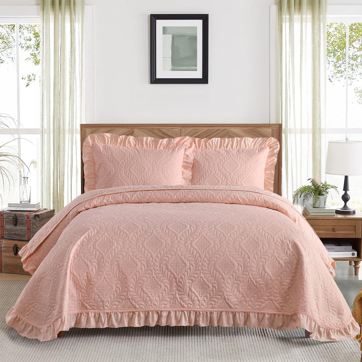 DJY Quilts Queen Size, Ruffled Reversible Bedding Set, Beige