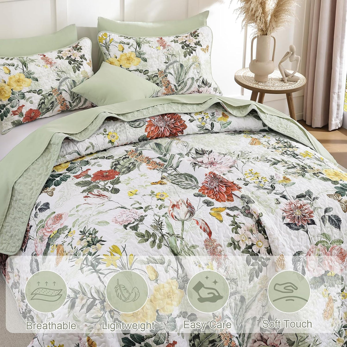 Anibedding Sage Green King Quilt Sets,3 Piece Floral Farmhouse Botanical Lightweight Bedspread Coverlet with 2 Shams Microfiber Spring Summer Bedding Set for All Season(110"x90")