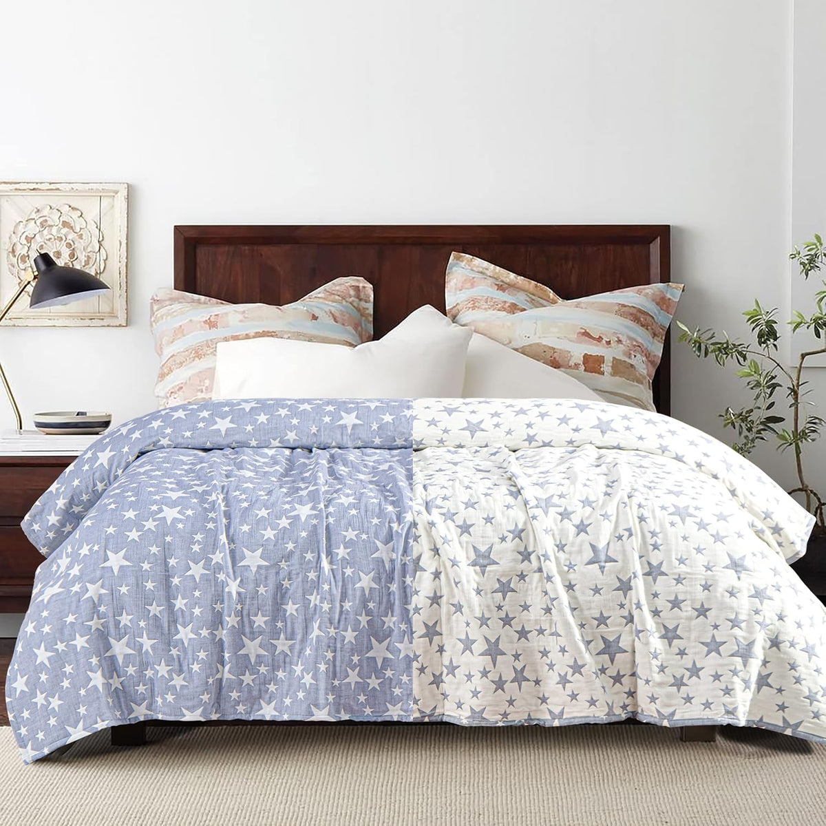 NTBAY Twin 3 Layer Muslin Cotton Blanket, 68 x 92, Blue Stars