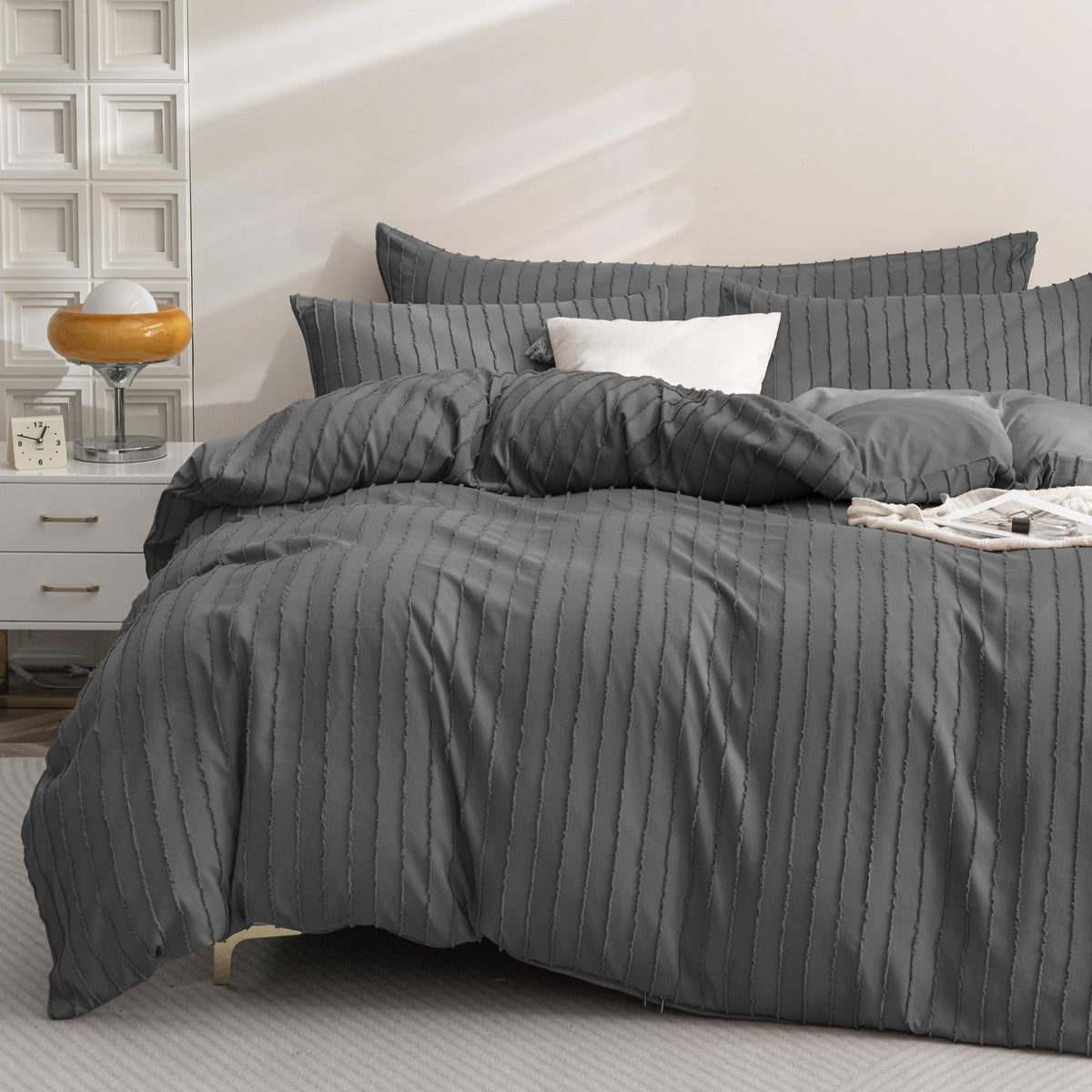 JELLYMONI White Striped Tufted Duvet Cover Set Queen Size