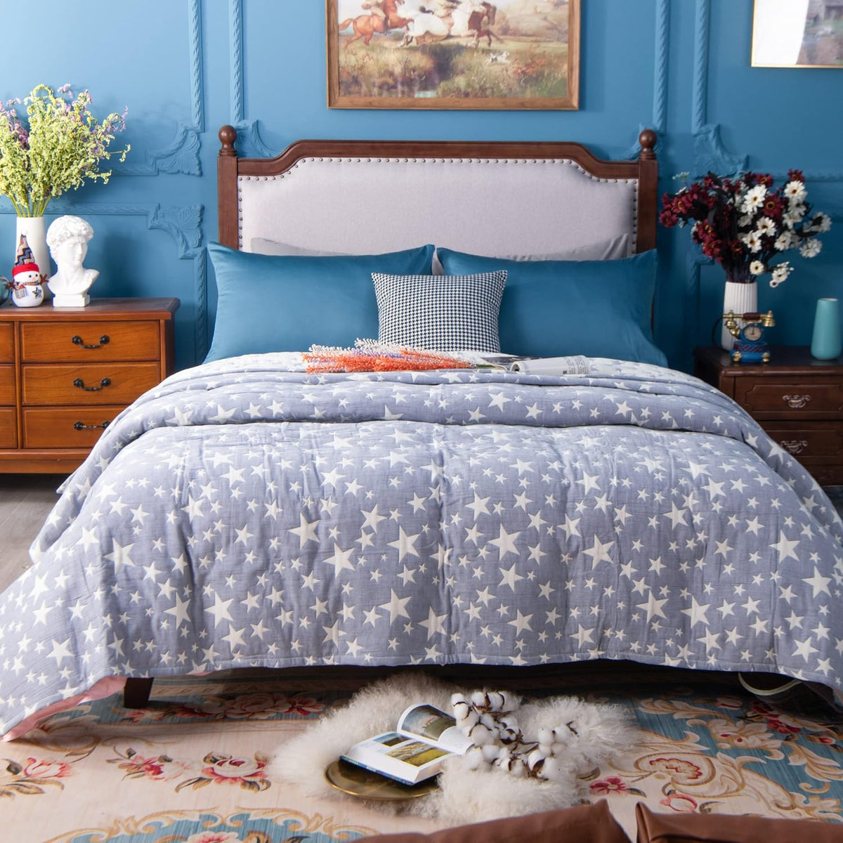 NTBAY Twin 3 Layer Muslin Cotton Blanket, 68 x 92, Blue Stars