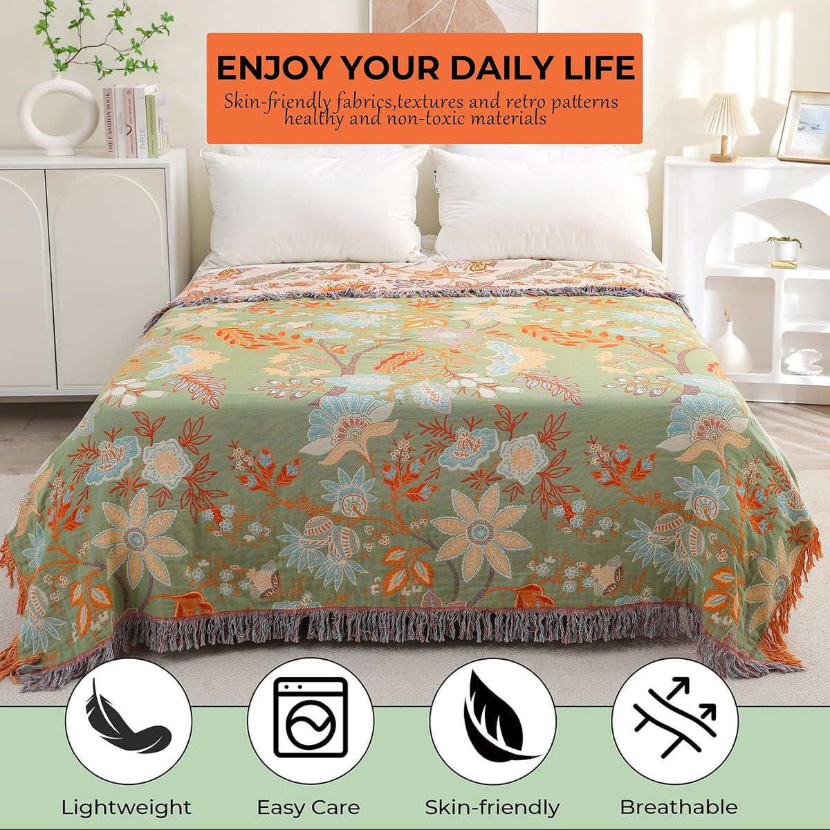 Floral Rustic Large Boho Throw Blanket 90"x98" Orange&Sage Green