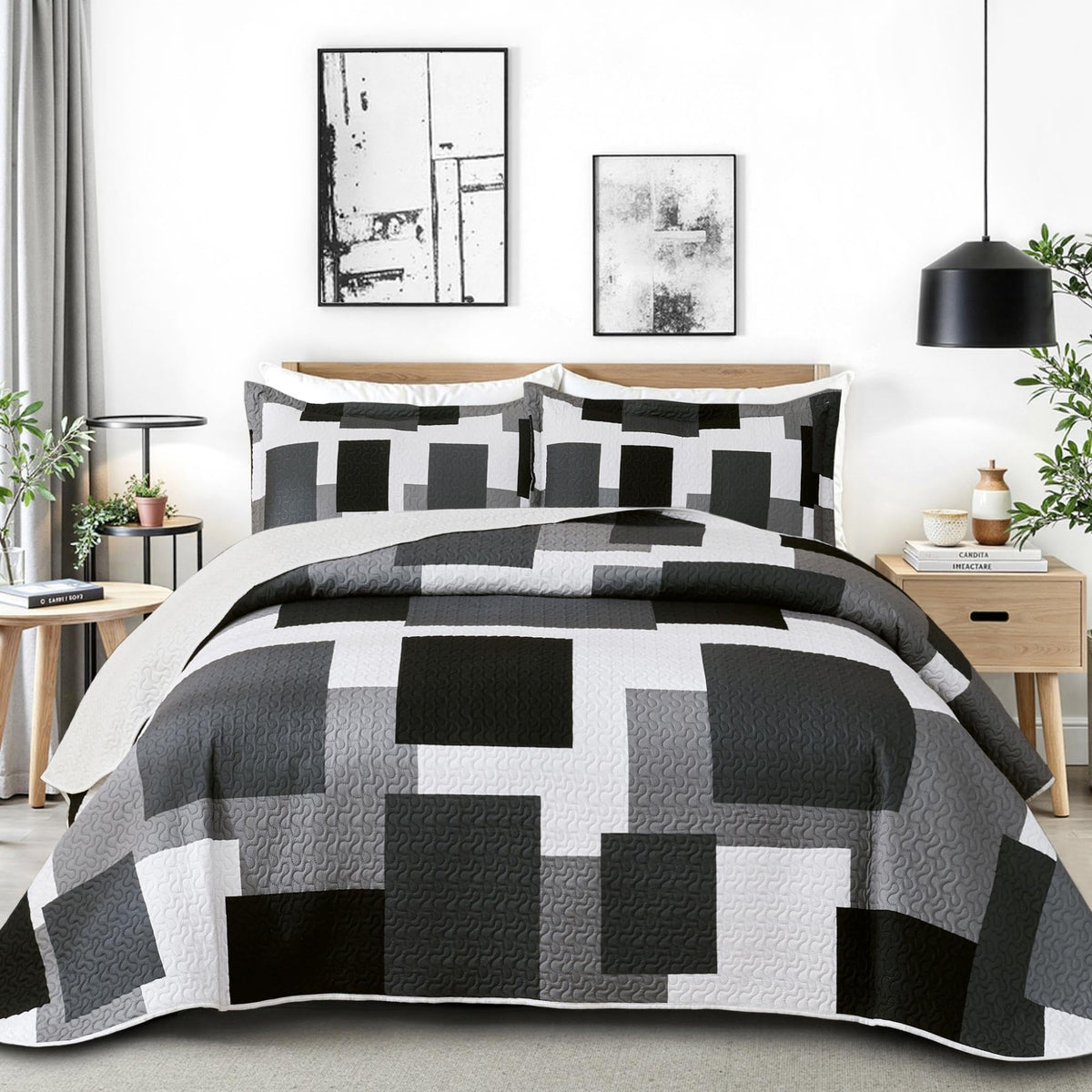 Tyrot 3 Piece Black Grey Quilt Full/Queen Size Black White Gray Bedding Set