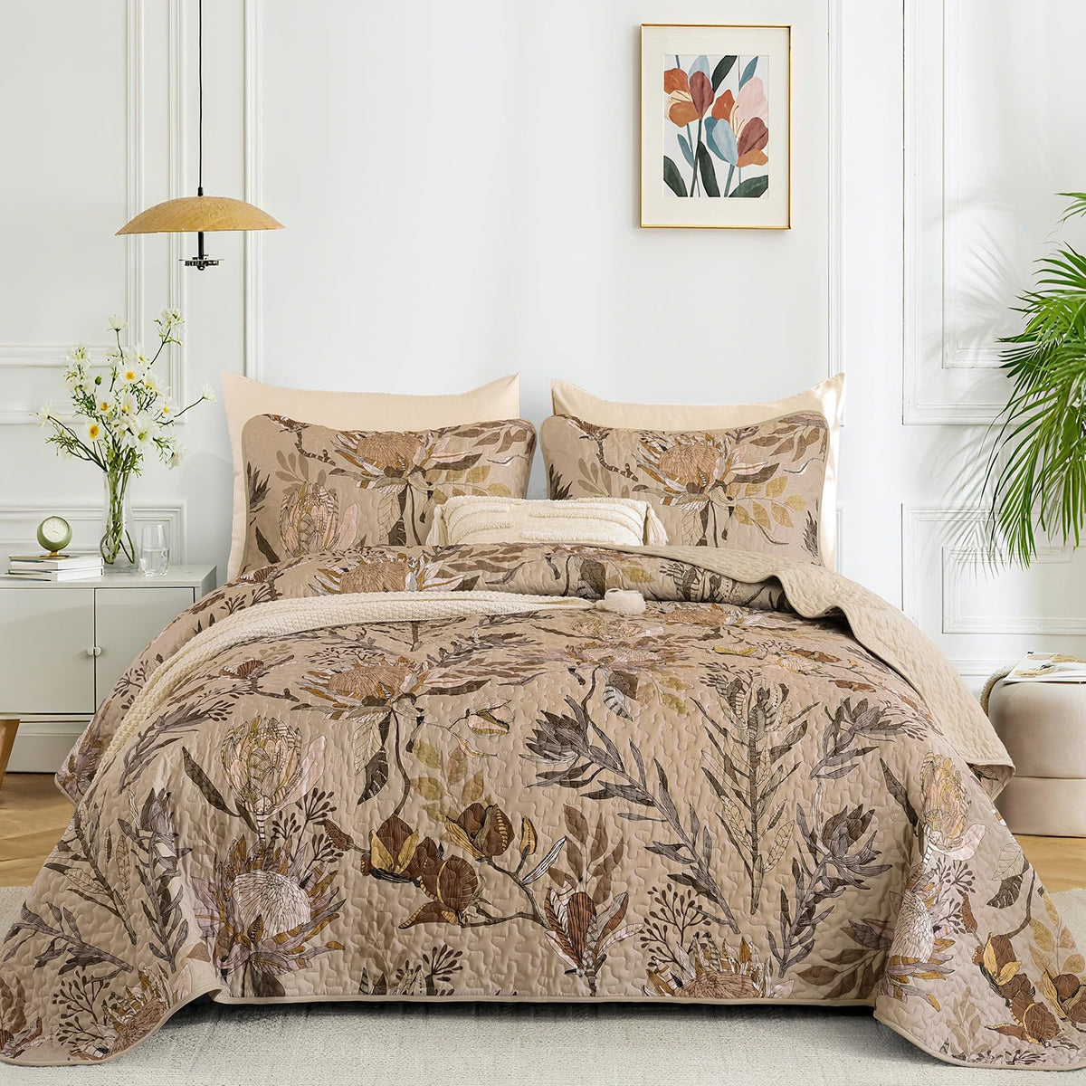 Dintszyayue Quilt King Size Green, 3 Pcs Boho Floral Bedspread Bedding Set
