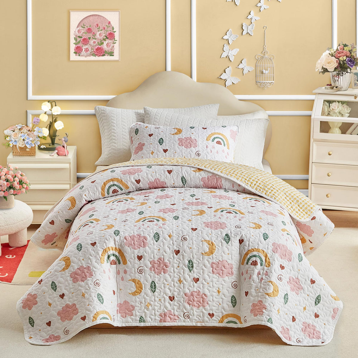 Joyreap Twin Size Quilt Set for Girls, Pink n Blue Floral Patchwork Design, 2 Pieces Soft n Cozy Microfiber Quilt, Bedspread Bed Cover for All Season- 68x88 inches