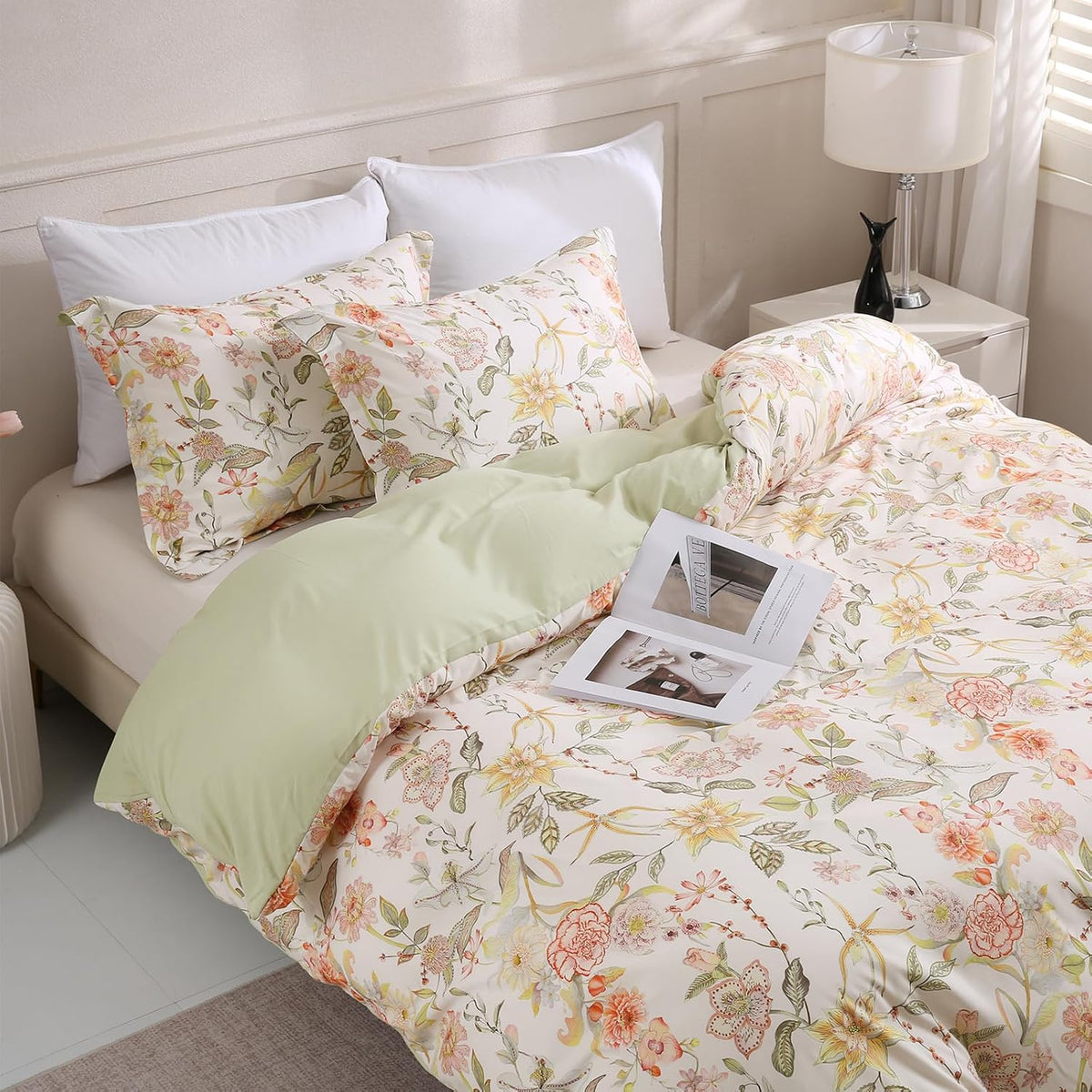 LONAVA Queen Floral 3 Pcs Duvet Cover Set, Breathable Soft Microfiber Glass Green Lining Comforter Cover with Zipper Closure, and 2 Anti-Pilling, Fade Resistant Pillowcases, Fall Floral