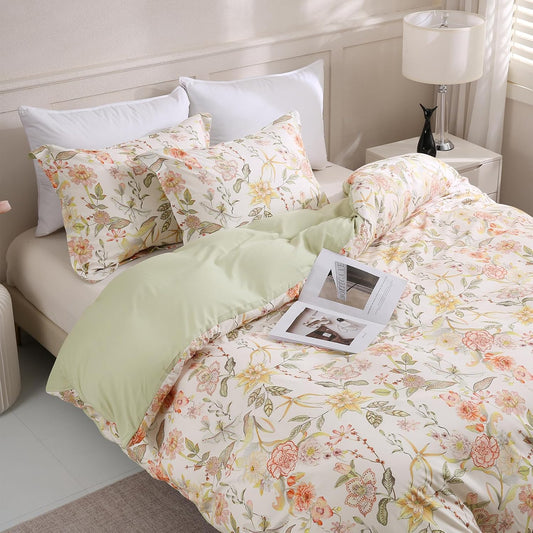 LONAVA Queen Floral 3 Pcs Duvet Cover Set, Breathable Soft Microfiber Glass Green Lining Comforter Cover with Zipper Closure, and 2 Anti-Pilling, Fade Resistant Pillowcases, Fall Floral