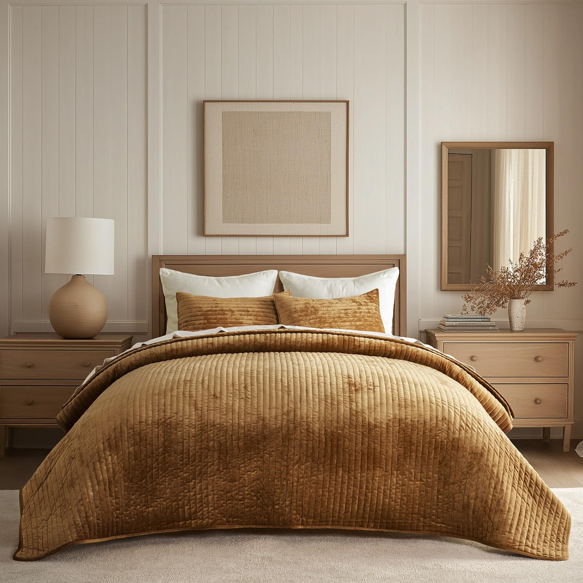 EverGrace Stripe Channel Luxury Velvet Quilt Set King Size, Mocha Brown