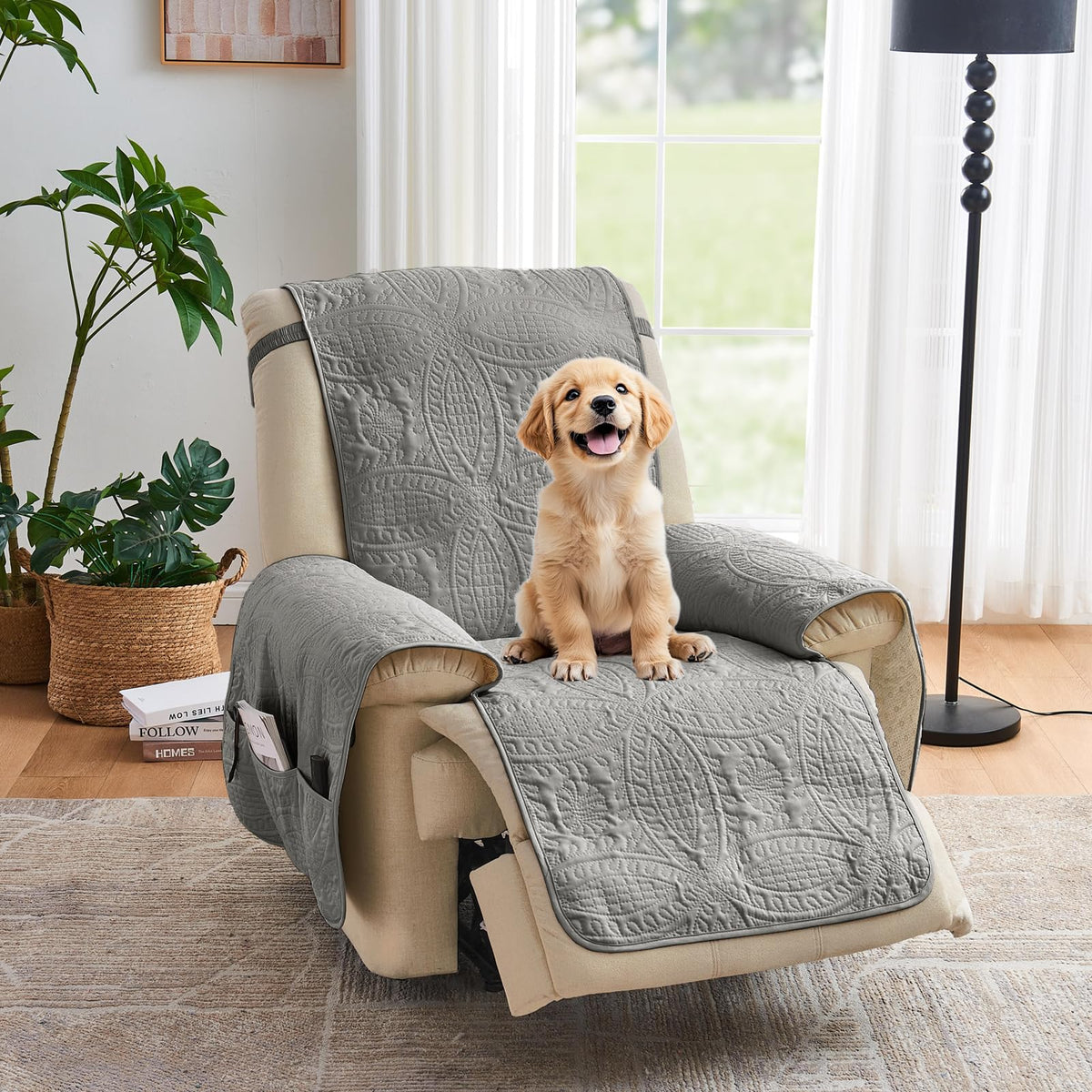 Soft Quilted Couch Cover with Pockets for Extra-Large Sofa, Anti-Slip Sofa Covers Washable for 3 Cushion Pet Friendly Medallion Oversized Sofa Cover Water-Repellent (X-Large Sofa 78", Ivory White)