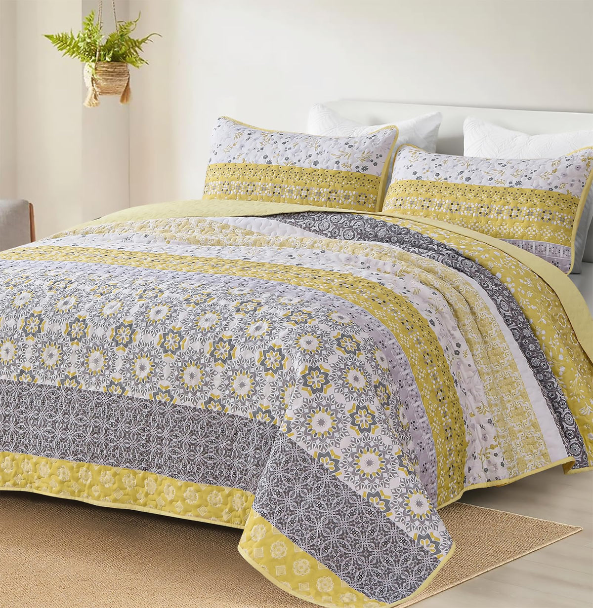 WONGS BEDDING Boho Quilt Set Queen，3 Pcs Yellow Floral Striped Bedspread