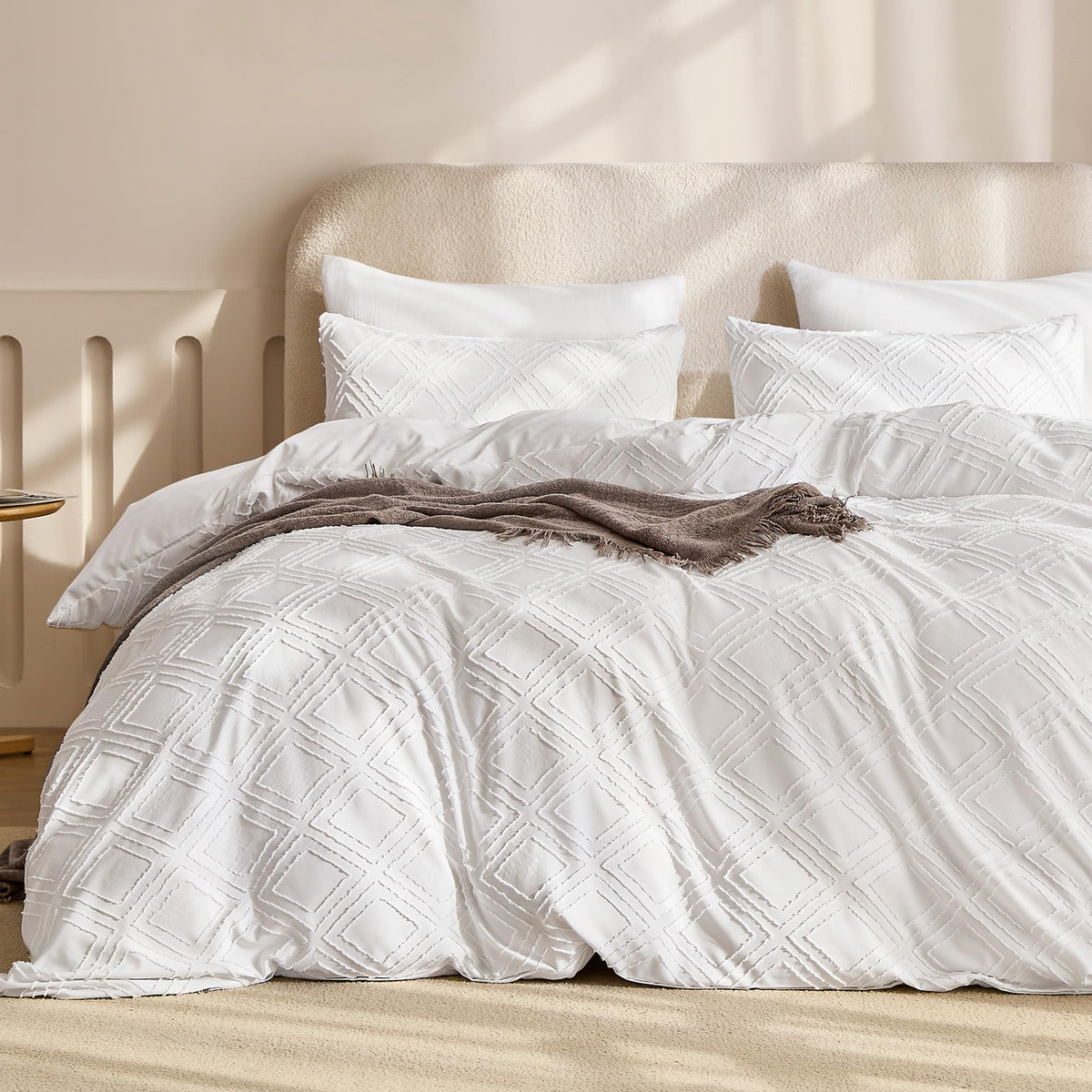 JELLYMONI White Striped Tufted Duvet Cover Set Queen Size