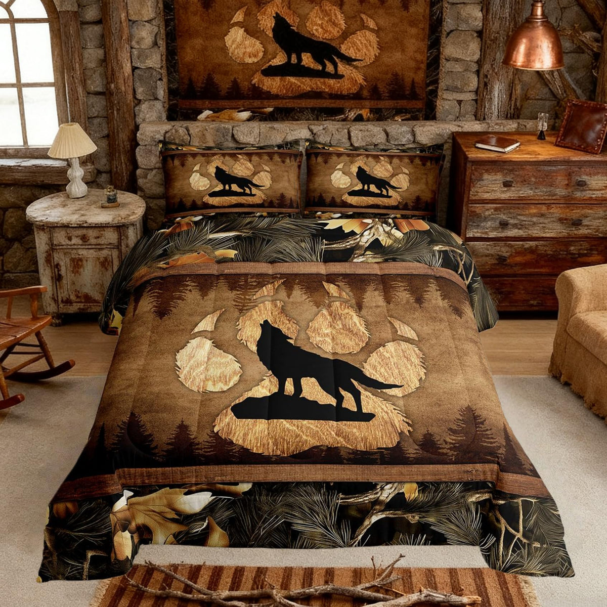 Homewish Jungle Cabin Comforter Set,Moose Animal Pine Trees Bedding Sets for Kids Teens Adults,Retro Wooden Stripes Rustic Farmhouse Quilted Comforter with 2 Pillowcases Queen Size 3 Pcs