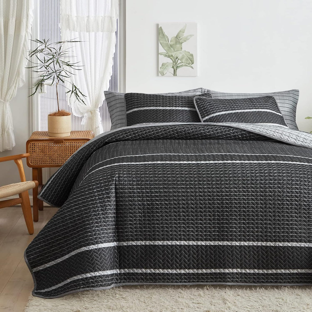 Flysheep Dark Grey Boho Quilt Set Full Queen Size, 3 Pcs White Striped on Gray Reversible Bedspread, Brushed Microfiber Coverlet for All Season, 1 Quilt + 2 Pillow Shams